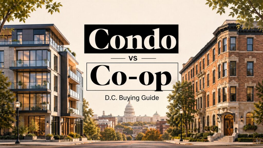 Condo vs. Co-op Washington, D.C. buying guide hero image with rowhouses and the U.S. Capitol.