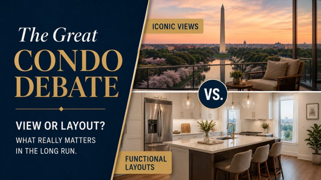 The Condo Report split-frame: iconic Washington Monument view versus a functional D.C. condo kitchen layout.