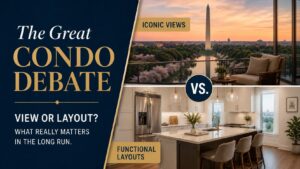 The Condo Report split-frame: iconic Washington Monument view versus a functional D.C. condo kitchen layout.